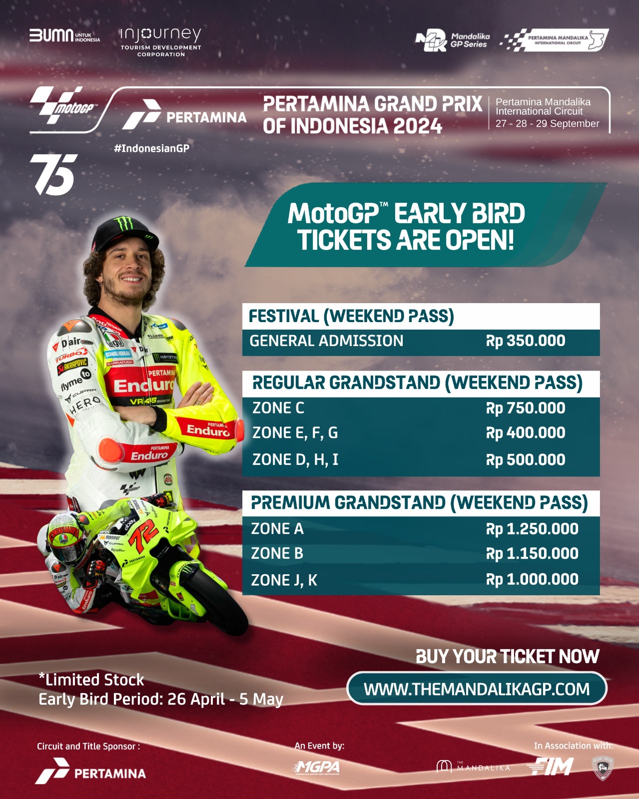 Tiket Early Bird MotoGP 2024 - Pertamina Grand Prix of Indonesia Dibuka ...