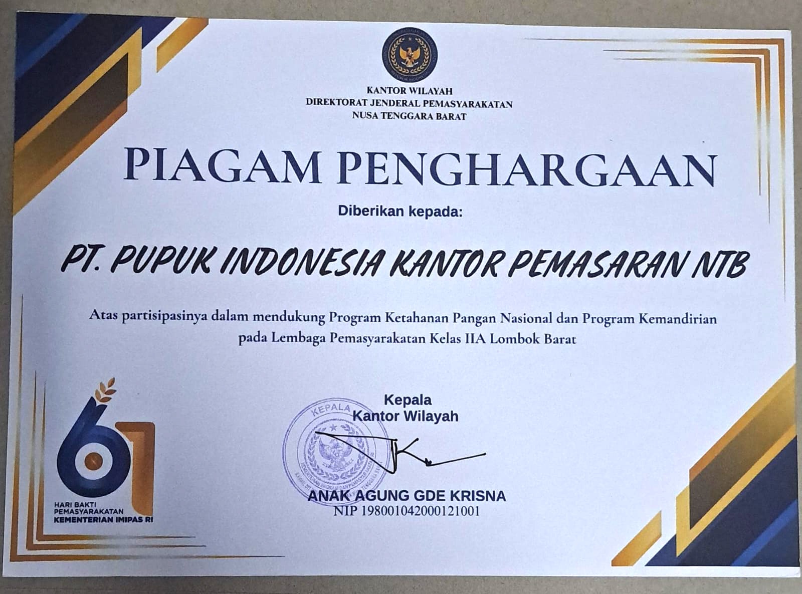 Dukung Ketahanan Pangan, Pupuk Indonesia NTB Diganjar Penghargaan