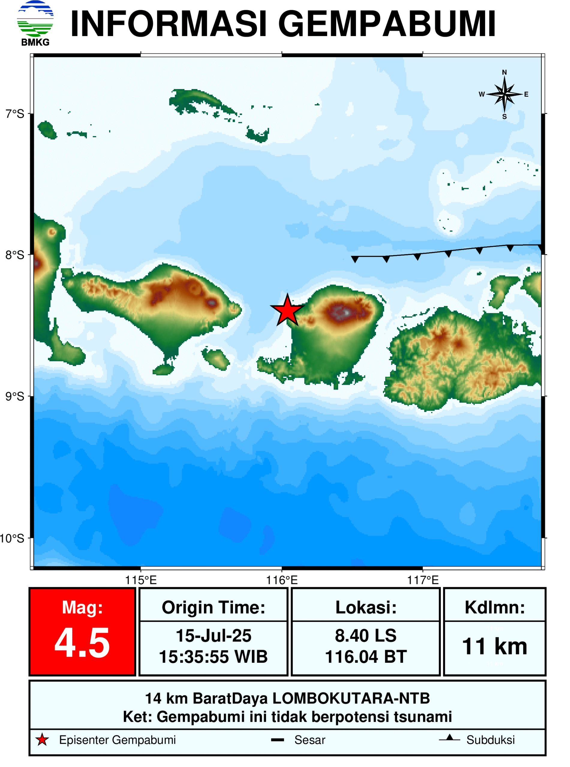 Gempa Bumi M 4.5 Guncang Lombok Utara