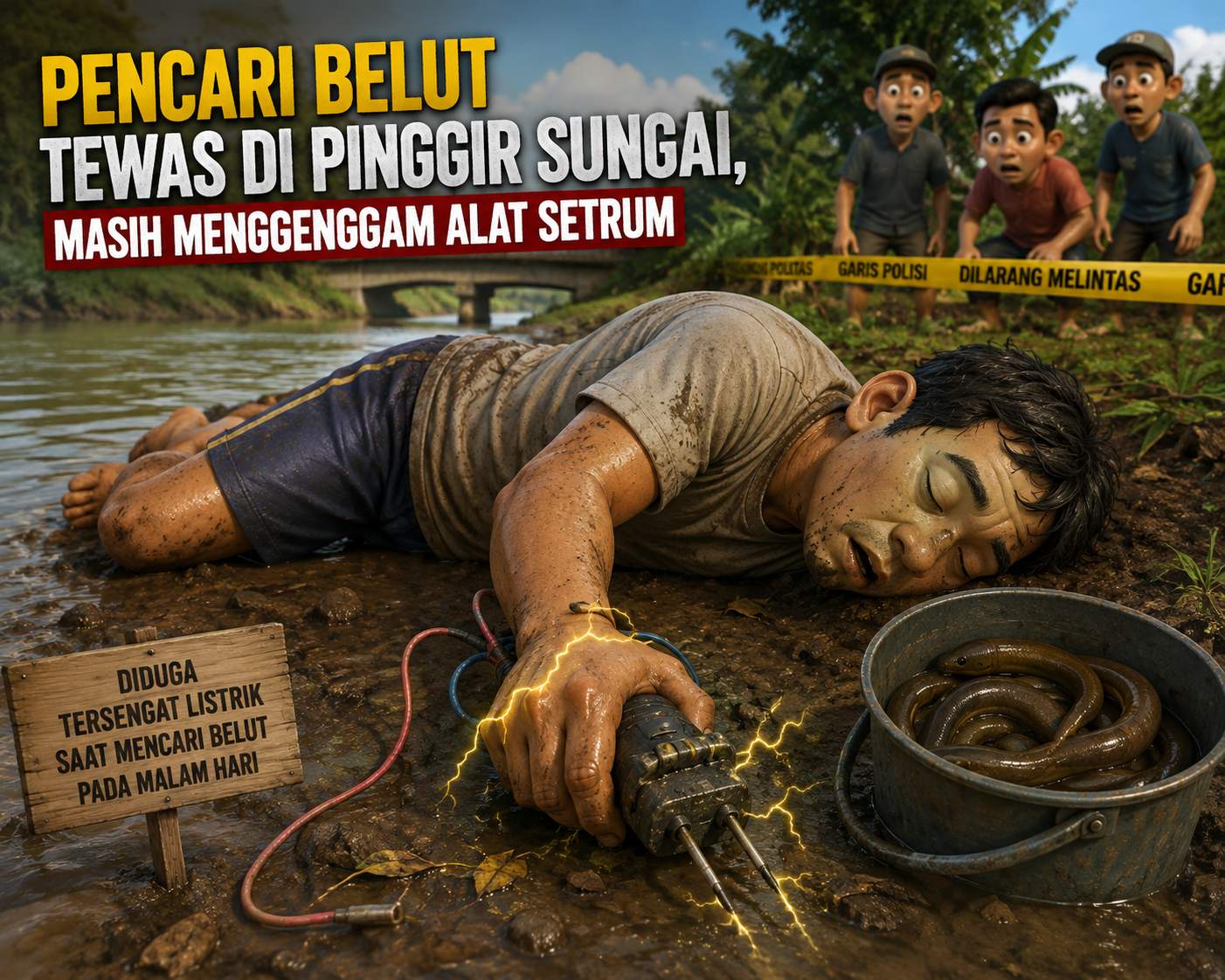 Pencari Belut Tewas di Pinggir Sungai, Masih Menggenggam Alat Setrum